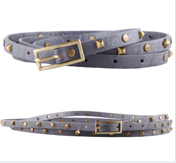 Promotional grey color genuine leather thin woman belts with rivets