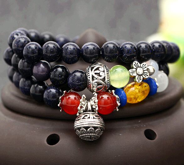National style 8mm Natural blue sandstone beeswax bracelet