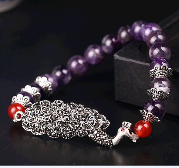 Exquisite female money bracelet, Natural amethyst  bracelet with tibetan silver peacock metal part