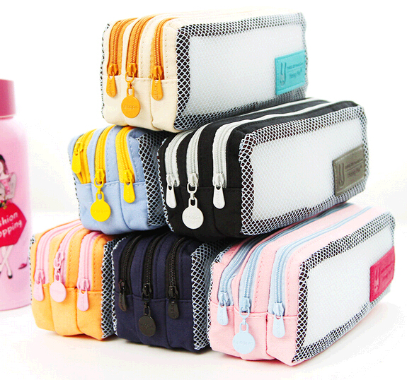 Wholesale larger capacity convas and nylon three layer zipper pencil bag