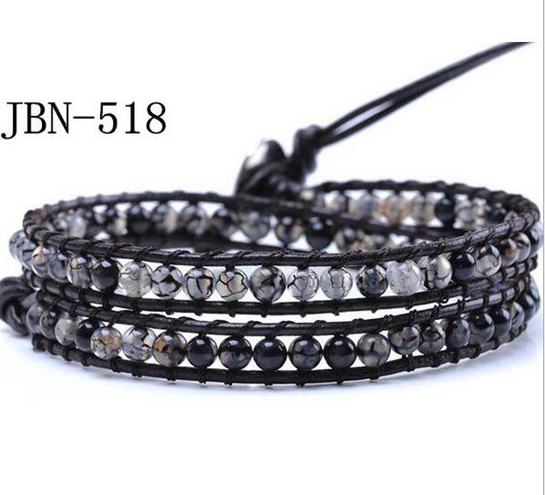 Wholesale grey and black carnelian wrap leather bracelet on black leather