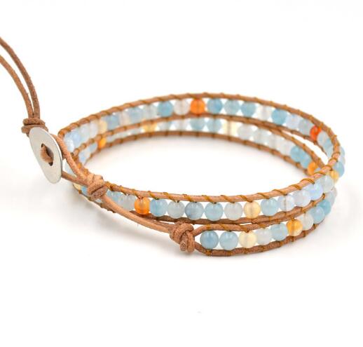 Wholesale light blue stone wrap bracelet on brown leather