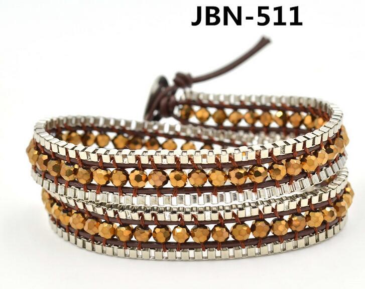 Wholesale yellow color crystal leather wrap bracelet