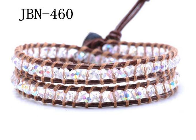 Wholesale white color crystal leather wrap bracelet on brown leather