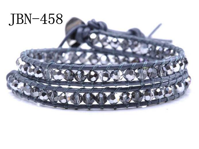 Wholesale black crystal wrap leather bracelet on black leather