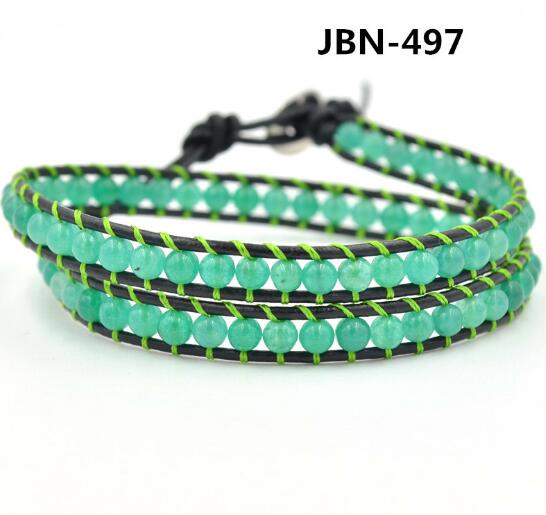 Wholeale green color stone leather wrap bracelet on black leather