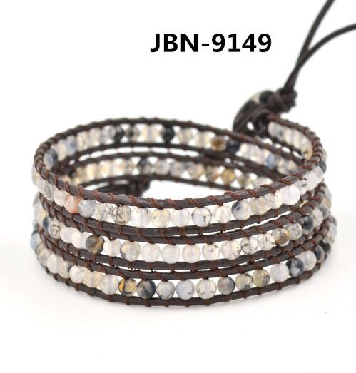 Wholesale white and black carnelian 3 wrap leather bracelet