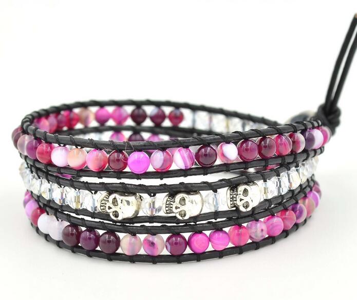 Wholesale rose red carnelian 3 wrap leather bracelet