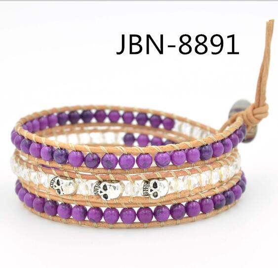 Wholesale purple stone and white crystal  and skeleton 3 wrap leather bracelet
