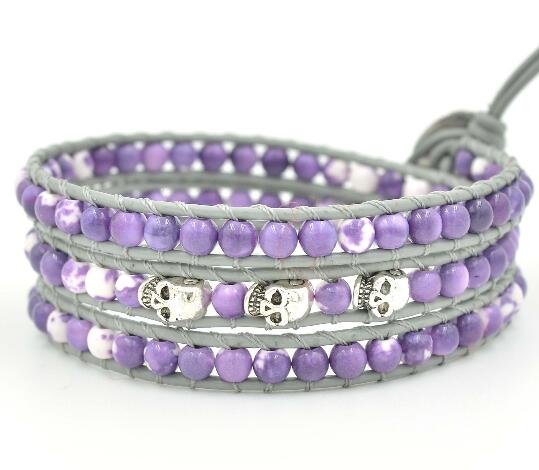 Wholesale purple color carnelian and skeleton 3 wrap leather bracelet