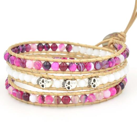 Wholesale purple carnelian and white crystal  3 wrap leather bracelet