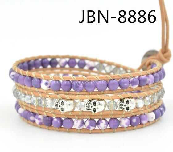 Wholesale purple carnelian and skeleton 3 wrap leather bracelet