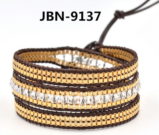 Wholesale plating gold color crytal 3 wrap leather bracelet