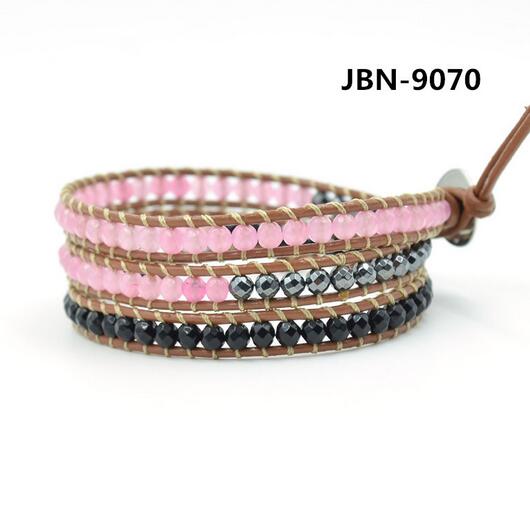 Wholesale pink carnelian and black crystal 3 wrap leather bracelet
