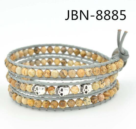 Wholesale multi stone and skeleton 3 wrap leather bracelet
