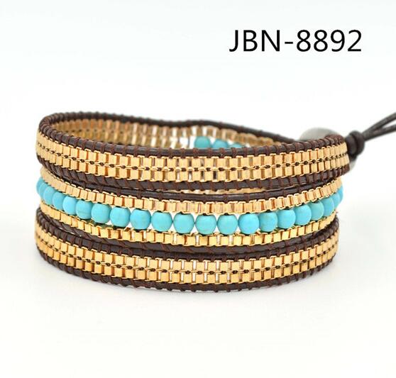 Wholesale green turquoise and plating gold crystal 3 wrap leather bracelet