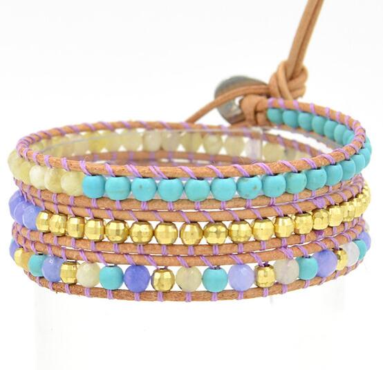 Wholesale green turquoise and plating gold crystal 3 wrap leather bracelet