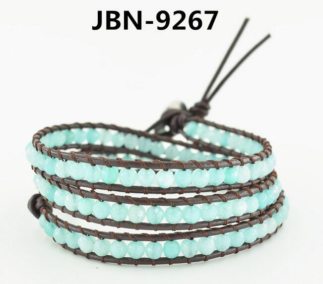 Wholesale green stone 3 diy wrap leather bracelet