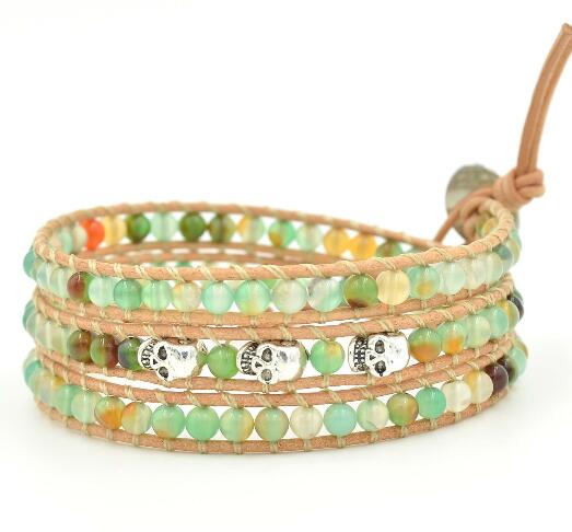 Wholesale green carnelian and skeleton 3 wrap leather bracelet