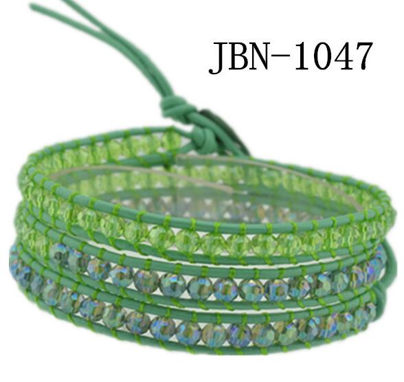 Wholesale green carnelian and crystal 3 wrap leather bracelet