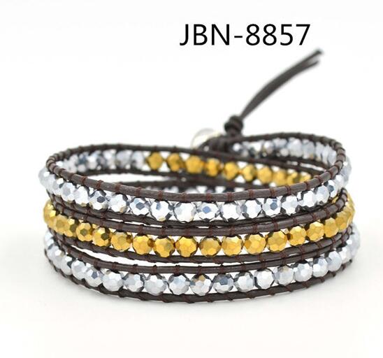 Wholesale gold color and silver crystal 3 wrap leather bracelet