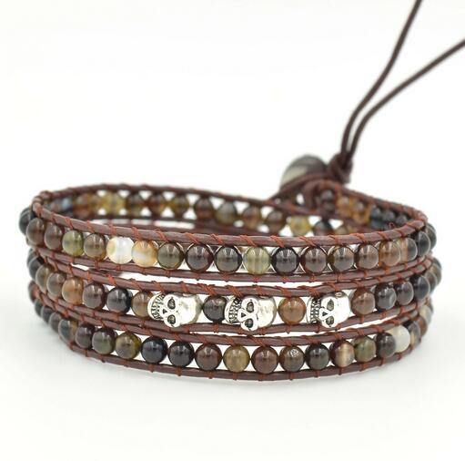Wholesale brown color carnelian 3 wrap leather bracelet