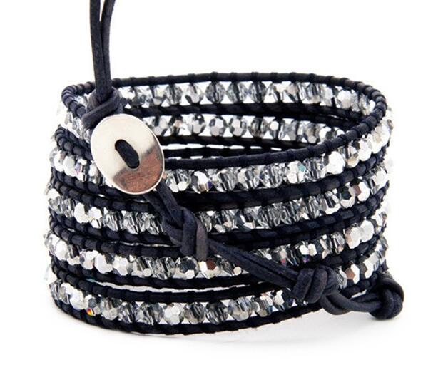 Wholesale silver crystal 5 wrap leather bracelet on black leather