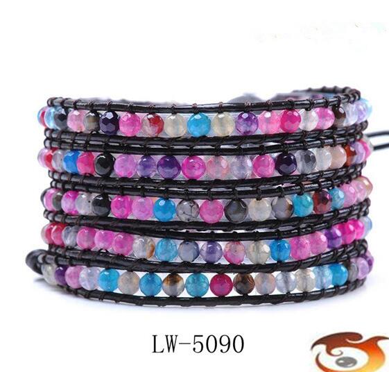 Wholesale colorful color crystal 5 wrap leather bracelet on black leather rope