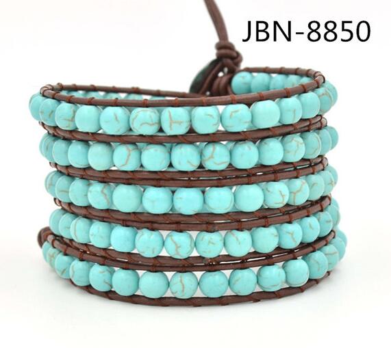 Wholesale blue color turquoise 5 wrap leather bracelet