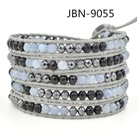 Wholesale black carnelian and white stone 5 wrap leather bracelet