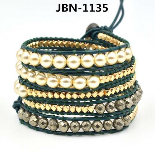 Wholesale white pearl 5 wrap leather bracelet on blue leather
