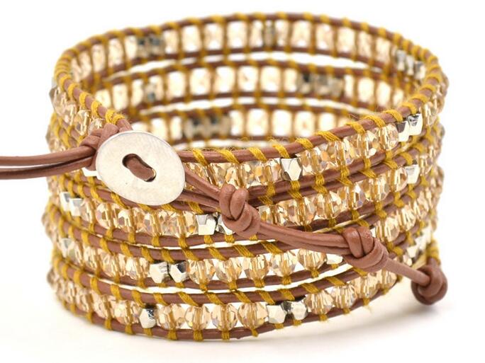 Wholesale white color crystal  5 wrap leather bracelet on beige leather