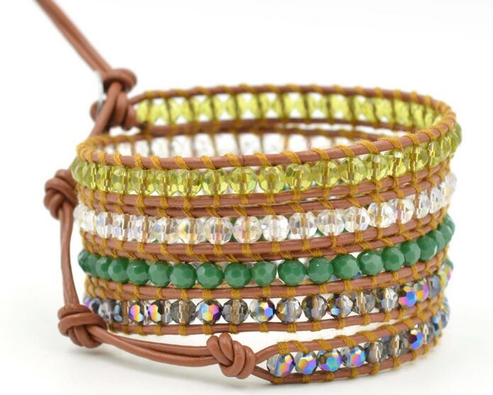 Wholesale white and yellow color crystal 5 wrap leather bracelet