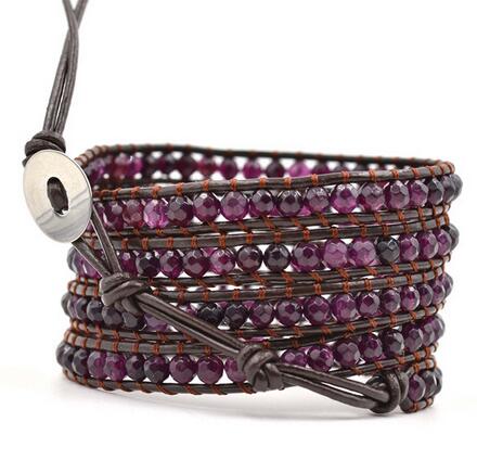 Wholesale purple crystal 5 wrap leather bracelet on purple leather