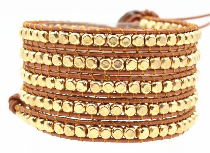 Wholesale plating gold color crystal  5 wrap leather bracelet