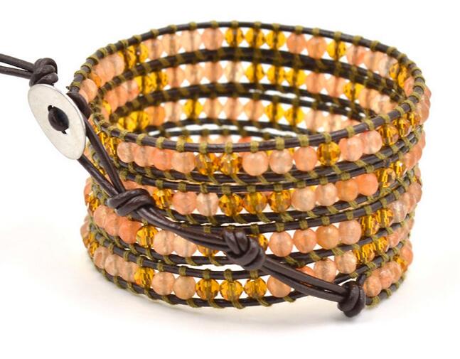 Wholesale pink color crystal and orange color crystal  5 wrap leather bracelet