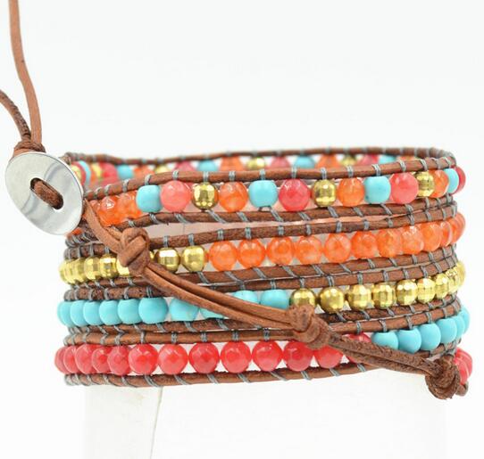 Wholesale orange color stone 5 wrap leather bracelet on brown leather