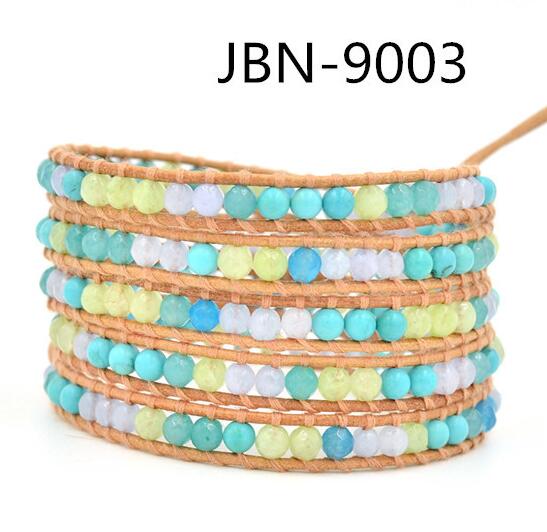 Wholesale mix green color bead 5 wrap leather bracelet