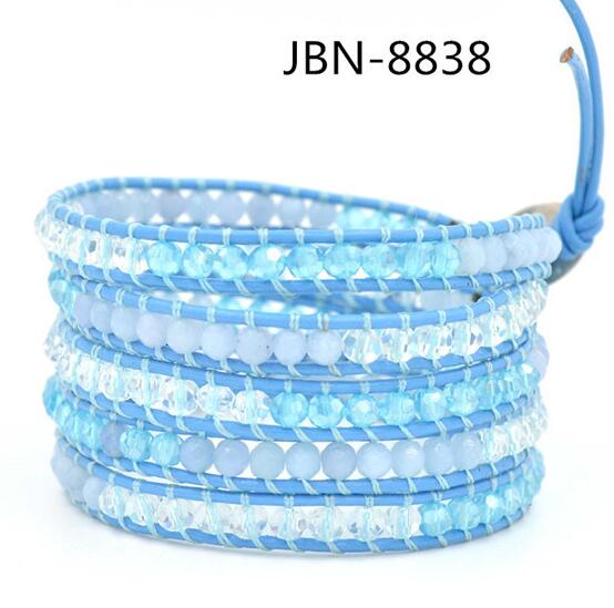 Wholesale light green crystal  5 wrap leather bracelet on green leahter