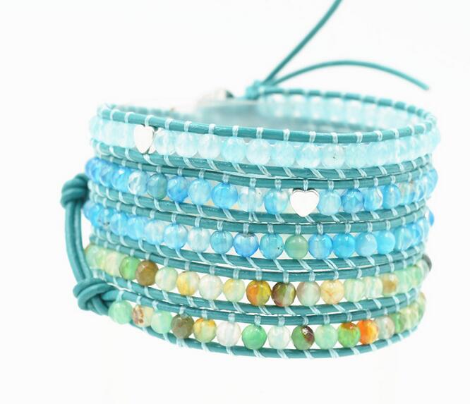 Wholesale green crystal and carnelian 5 wrap leather bracelet