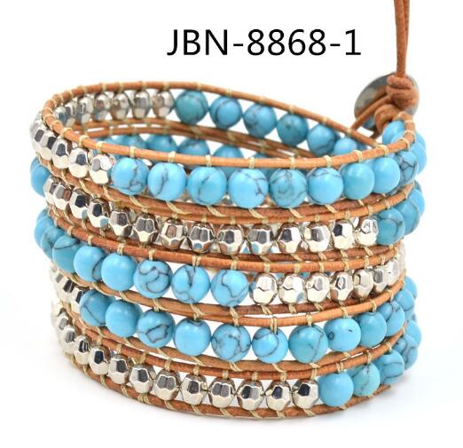 Wholesale green carnelian 5 wrap leather bracelet