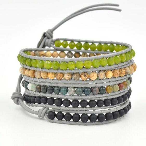 Wholesale green carnelian 5 wrap leather bracelet on grey leather