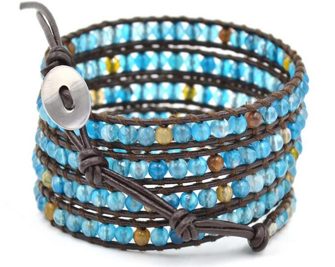 Wholesale green  crystal  5 wrap leather bracelet