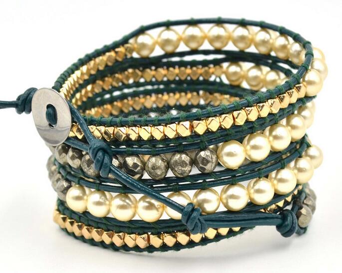 Wholesale gold bear and gold plating crystal  5 wrap leather bracelet