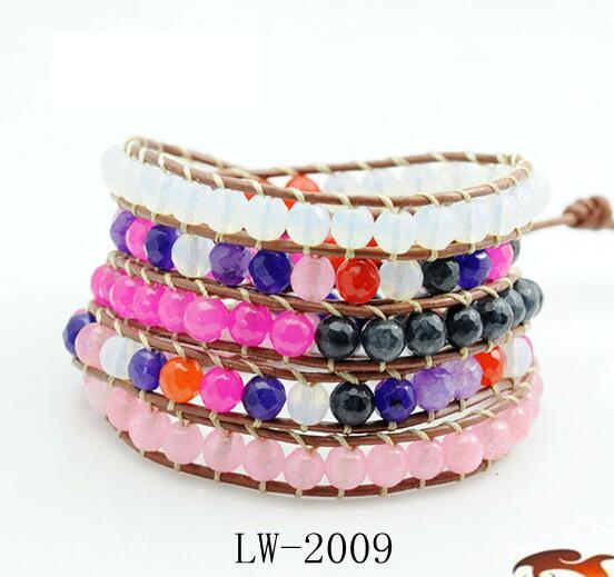 Wholesale colorful stone 5 wrap leather bracelet on brown leather