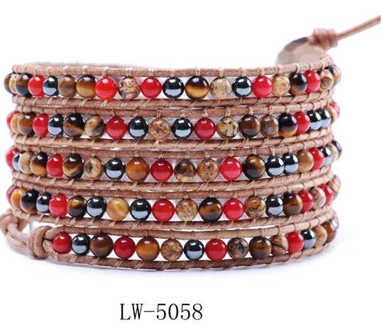 Wholesale colorful stone 5 wrap leather bracelet on beige leahter