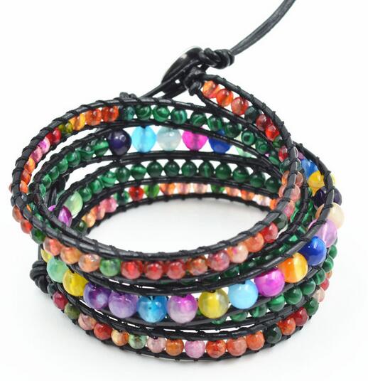 Wholesale colorful stone 5 wrap leather bracelet