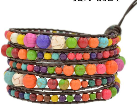 Wholesale colorful stone  5 wrap leather braceleton brown leather
