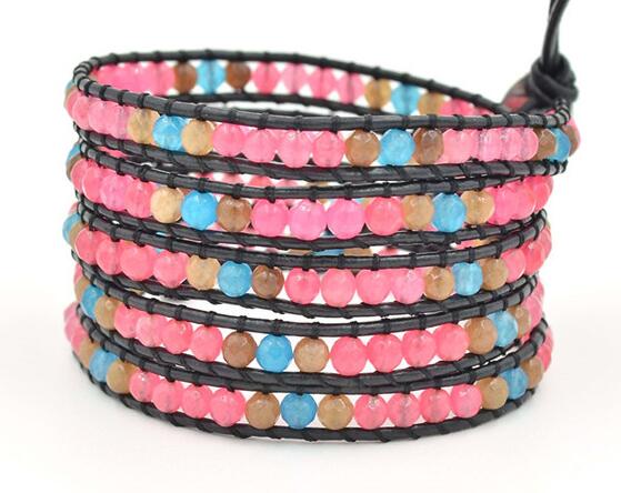 Wholesale colorful crystal  5 wrap leather bracelet on black leather