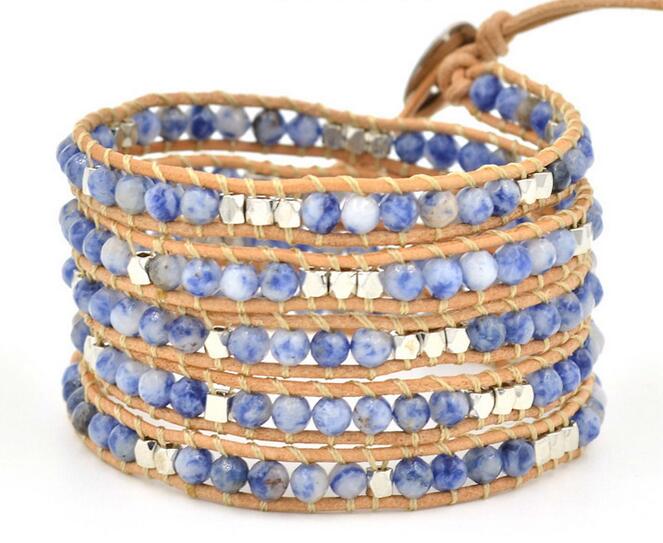 Wholesale blue turquoise 5 wrap leather bracelet